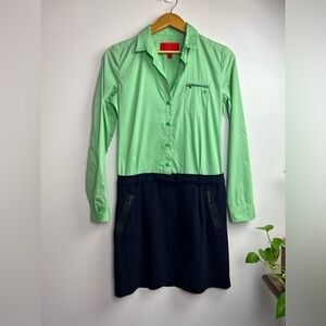 ZAC POSEN Z SPOKE Silk Sz 6 Preppy Girl BUTTON UP Lon Sleeve GREEN BLUE COLLAR